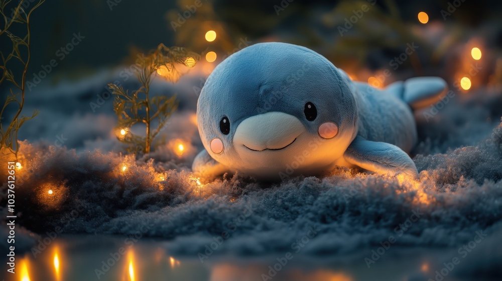 A pastel dugong plush toy rests peacefully against a shimmering ocean backdrop filled with glowing coral and seaweed A pastel dugong plush toy rests peacefully against a shimmering ocean backdrop filled with glowing coral and seaweed