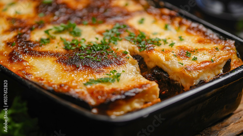 Classic moussaka layered with traditional Mediterranean Greek cheese cuisine, baked table presentation of restaurant style casserole dish