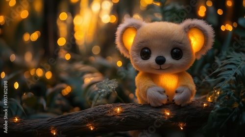 Delightful pastel kinkajou plush perched on a shimmering branch surrounded by glowing tropical foliage at twilight