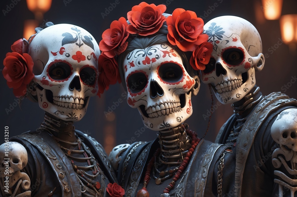 three painted skulls for the day of the dead. three painted skulls for the day of the dead.