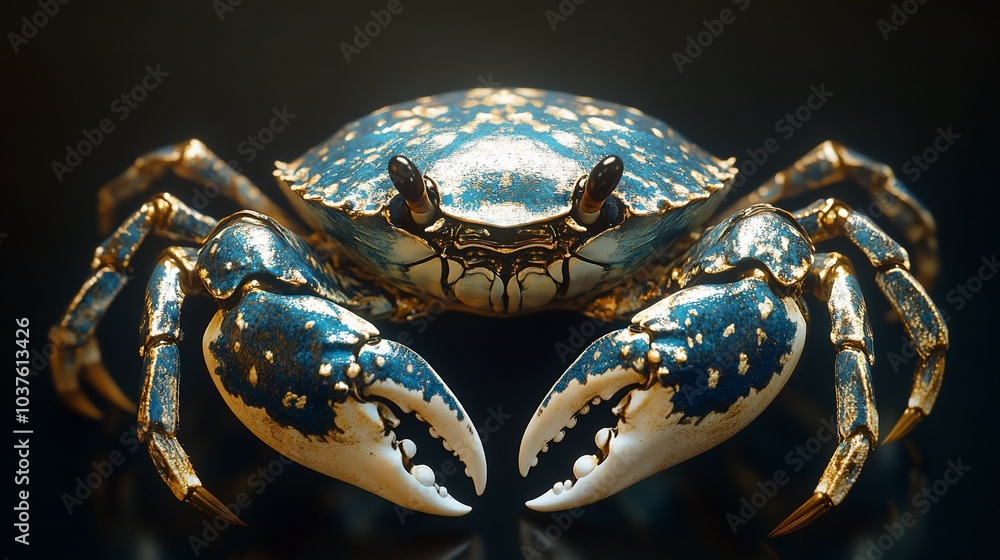 A blue crab with gold accents, illuminated from above, on a black background. A blue crab with gold accents, illuminated from above, on a black background.
