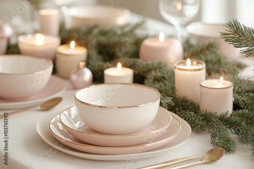 Elegant Holiday Dining Table with Candles and Greenery Decoration