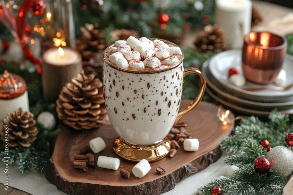 Cozy Hot Chocolate with Marshmallows Surrounded by Festive Christmas Decor Cozy Hot Chocolate with Marshmallows Surrounded by Festive Christmas Decor