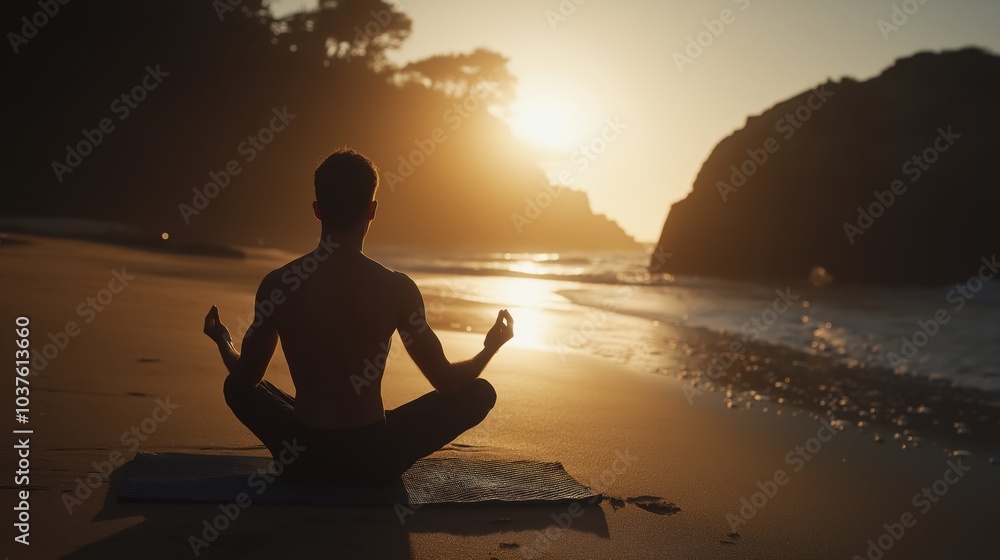 A man meditating on the beach during sunset, surrounded by nature and tranquility. A man meditating on the beach during sunset, surrounded by nature and tranquility.