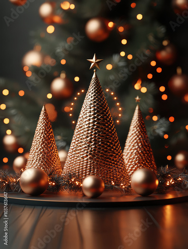 gold christmas tree shapes candles design good for table decoration in  Xmas party , the lighted decorated tree in the background  photo