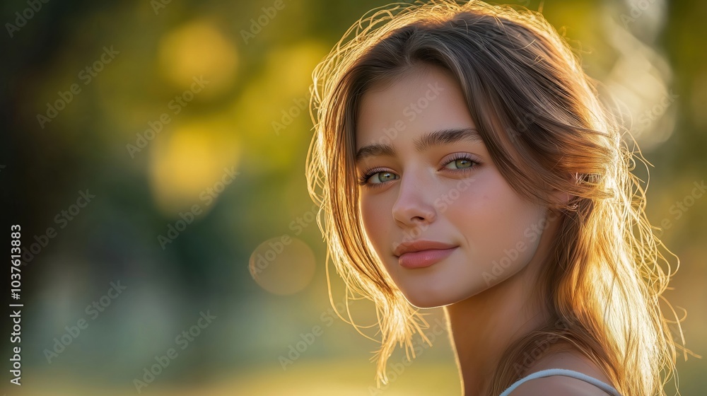 A young woman with long hair smiling softly in a sunlit outdoor setting. A young woman with long hair smiling softly in a sunlit outdoor setting.