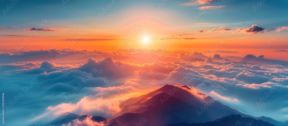 Fototapeta premium A vibrant sunrise casts warm light on a mountain peak rising above a sea of clouds.
