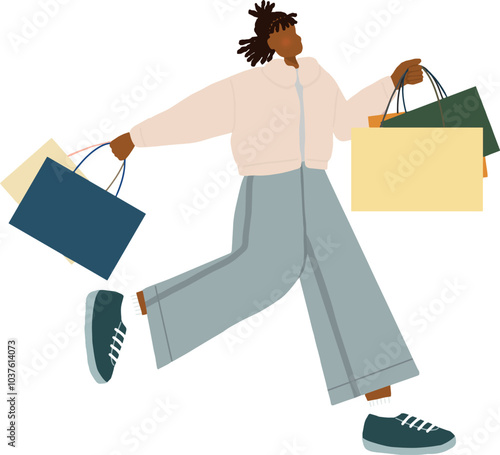 jeune femme noire qui court sacs shopping  hiver Noël black friday vecteur