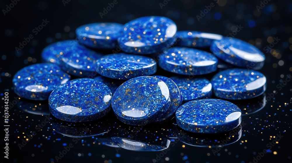 Mesmerizing lapis lazuli gemstones scattered on a reflective black surface, capturing the essence of elegance and beauty Mesmerizing lapis lazuli gemstones scattered on a reflective black surface, capturing the essence of elegance and beauty