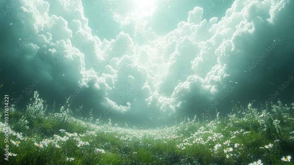 Fototapeta premium Serene landscape of clouds and wildflowers under a radiant sky
