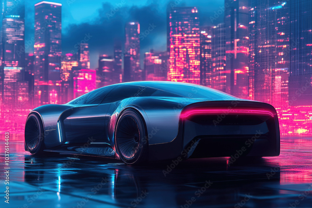 Futuristic Electric Car with Neon City Lights Reflecting Urban Innovation and Sustainability Futuristic Electric Car with Neon City Lights Reflecting Urban Innovation and Sustainability