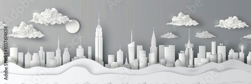 A city skyline is shown in a white and gray color scheme