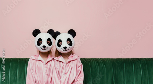 Close-up of two children, one boy and one girl, joyfully wearing panda masks and bamboo pajamas. photo