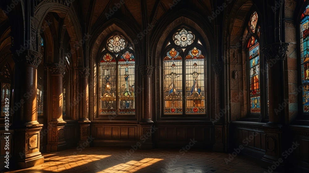 Fototapeta premium Sunlight streams through stained glass windows in a dimly lit room with arched doorways.