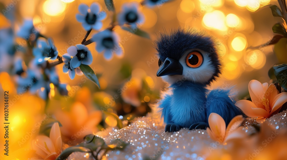 A captivating plush cassowary toy amidst glowing tropical plants and a pastel sunset reflecting a whimsical scene A captivating plush cassowary toy amidst glowing tropical plants and a pastel sunset reflecting a whimsical scene