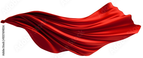 Majestic superhero in flowing costume with dramatic cape in red, isolated cloak of fabric silk satin showing superpower presence