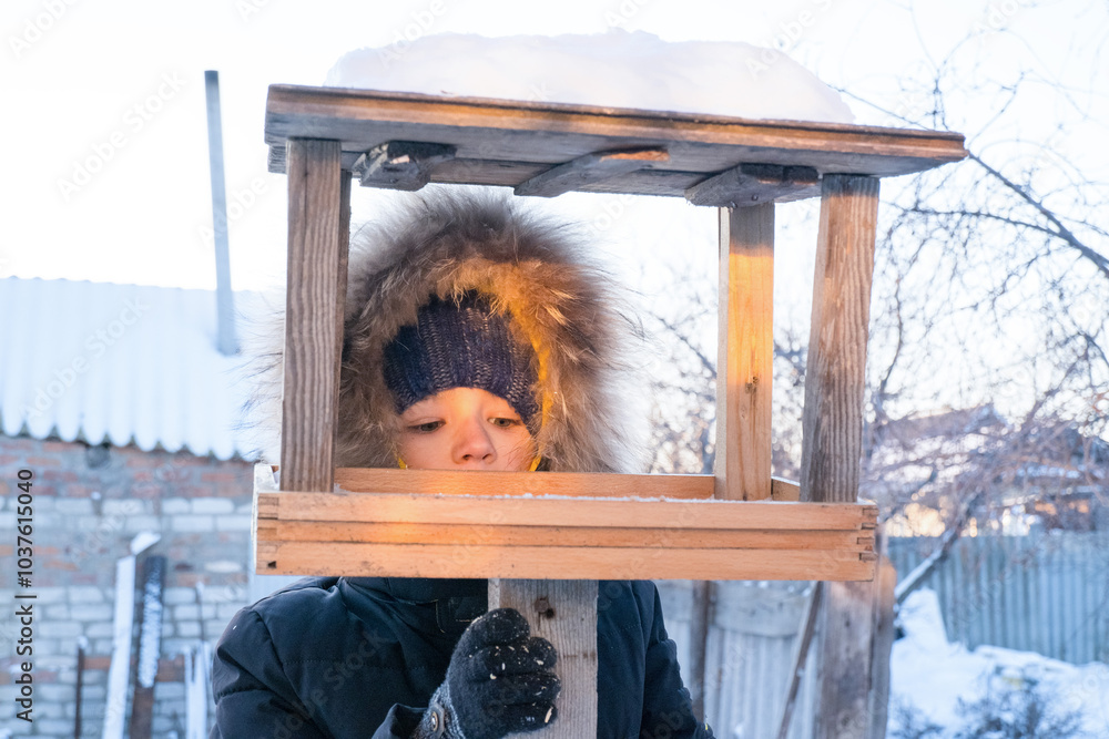 Adorable child, boy feeding birds on a cold winter day, pouring grain into a feeder. A child helps birds in winter. Winter activities for children.