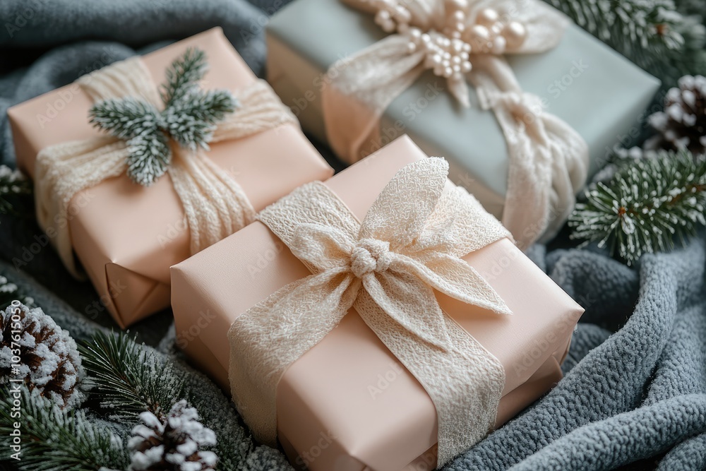 Elegant Winter-Themed Gift Boxes with Rustic Decorations and Evergreen Branches Elegant Winter-Themed Gift Boxes with Rustic Decorations and Evergreen Branches