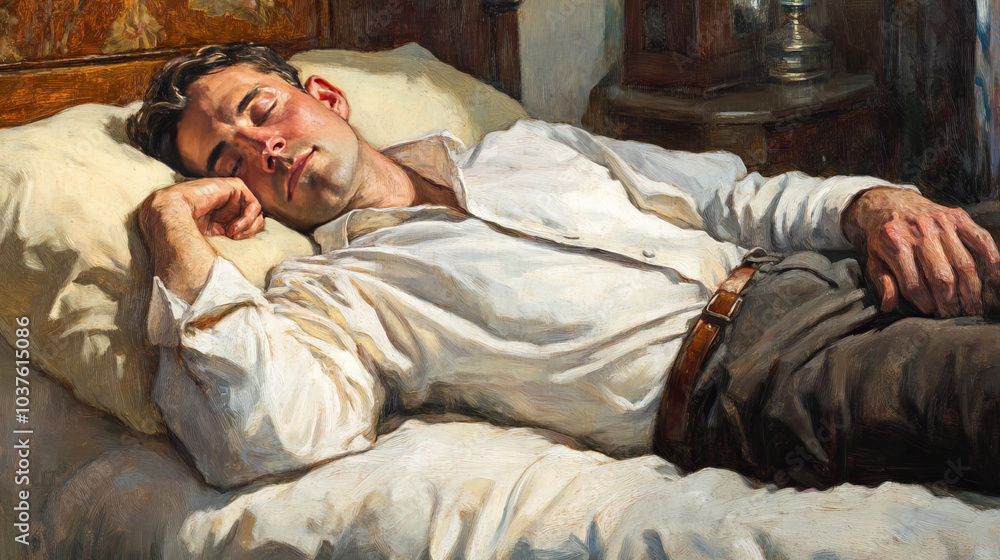 Fototapeta premium A tired man in his work clothes is fast asleep in bed at home