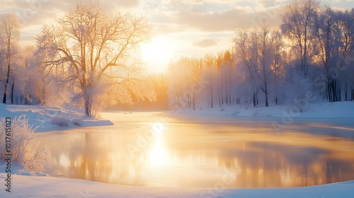 Golden Sunset Over a Frozen Lake and Snowy Forest