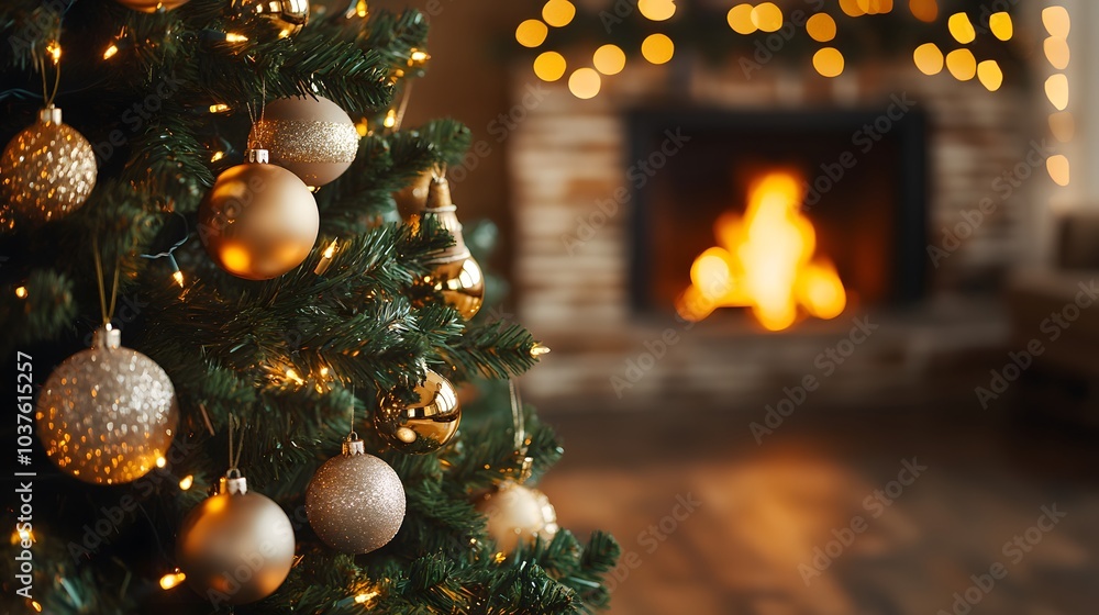 Fototapeta premium Christmas Tree with Gold Ornaments Near a Cozy Fireplace