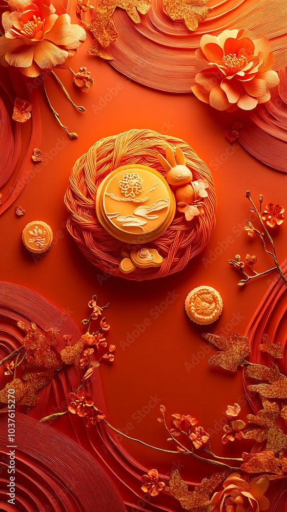 Obraz premium Red lantern illuminating playful rabbits in paper artwork