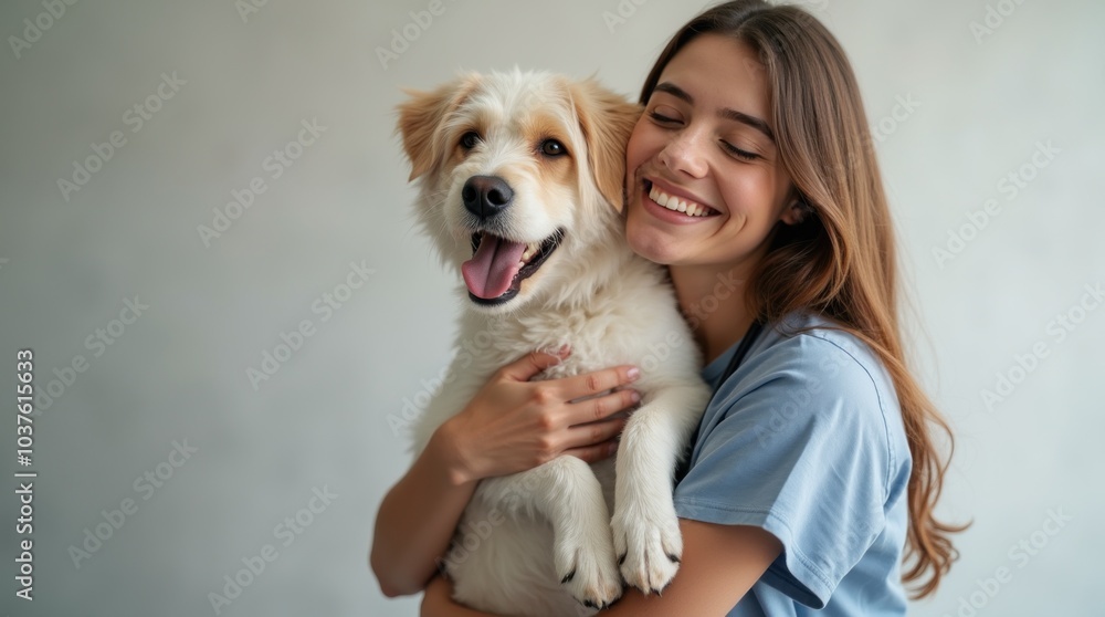 Female veterinarian smiling and hugging a white dog Female veterinarian smiling and hugging a white dog