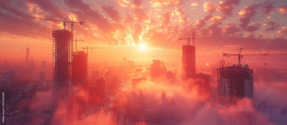 Fototapeta premium Cityscape with skyscrapers and construction cranes emerging from fog with the sun shining through the clouds during sunrise.