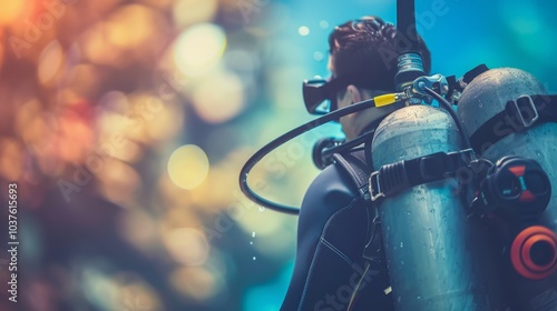 A man in a wet suit is wearing a scuba diving suit and holding a scuba tank photo