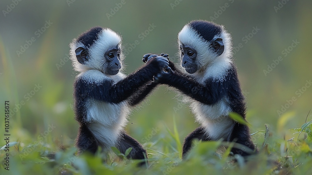 Fototapeta premium Two baby black and white colobus monkeys facing each other, standing on their hind legs with their arms raised in the air.