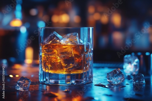 A stunning photo of a glass of whiskey with ice. The warm amber color contrasts beautifully with cool blue lights behind it. Perfect for bars and drink promotions. Generative AI