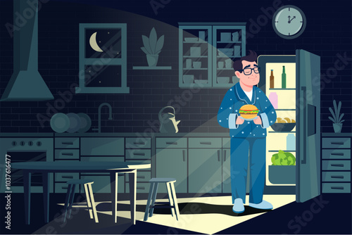 Background illustration of a man at a late night snack. Kitchen in darkness, open refrigerator and hamburger in the hand of joyful man.