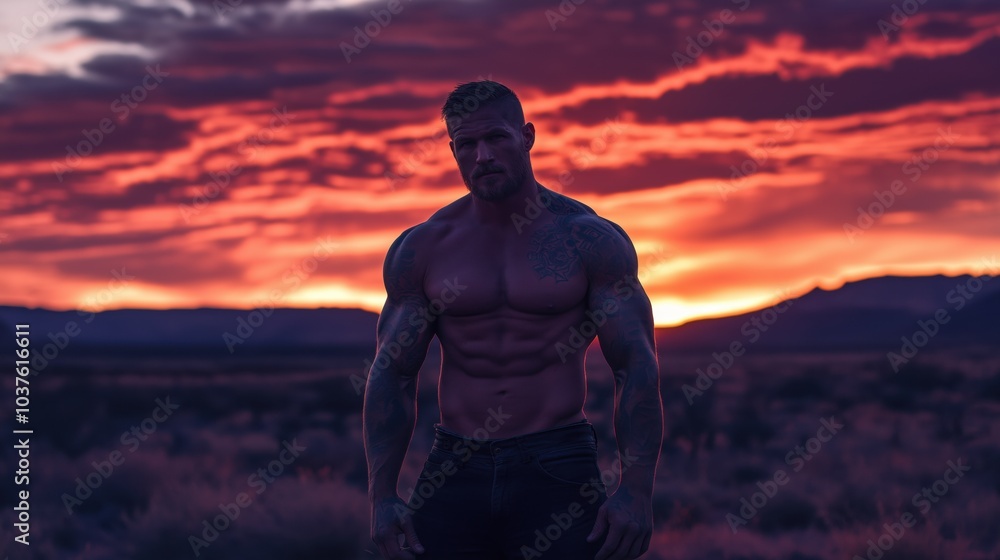 A tattooed warrior stands strong in a vibrant desert at twilight, gazing defiantly toward the breathtaking horizon A tattooed warrior stands strong in a vibrant desert at twilight, gazing defiantly toward the breathtaking horizon