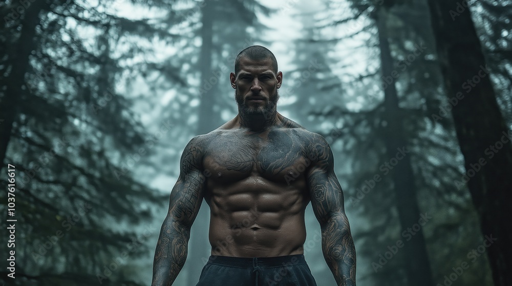 A tattooed man stands in a mist-shrouded forest, muscles tensed and eyes focused amidst the looming trees and thick fog at dawn A tattooed man stands in a mist-shrouded forest, muscles tensed and eyes focused amidst the looming trees and thick fog at dawn