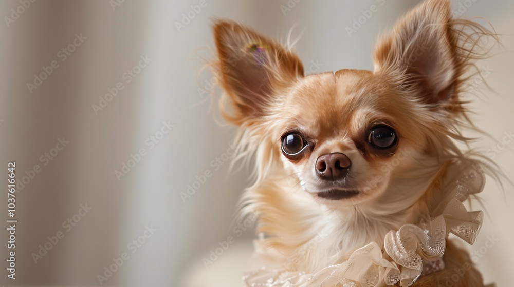 A small brown and white dog is wearing a dress and laying on a bed. The dog is looking at the camera with a curious expression A small brown and white dog is wearing a dress and laying on a bed. The dog is looking at the camera with a curious expression