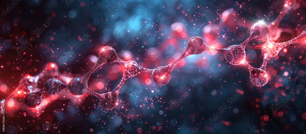 A glowing red and blue abstract DNA strand with bokeh. A glowing red and blue abstract DNA strand with bokeh.