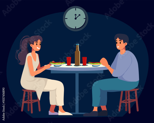 Illustration of a late night snack of a man and a woman. Date in the kitchen in the dark.