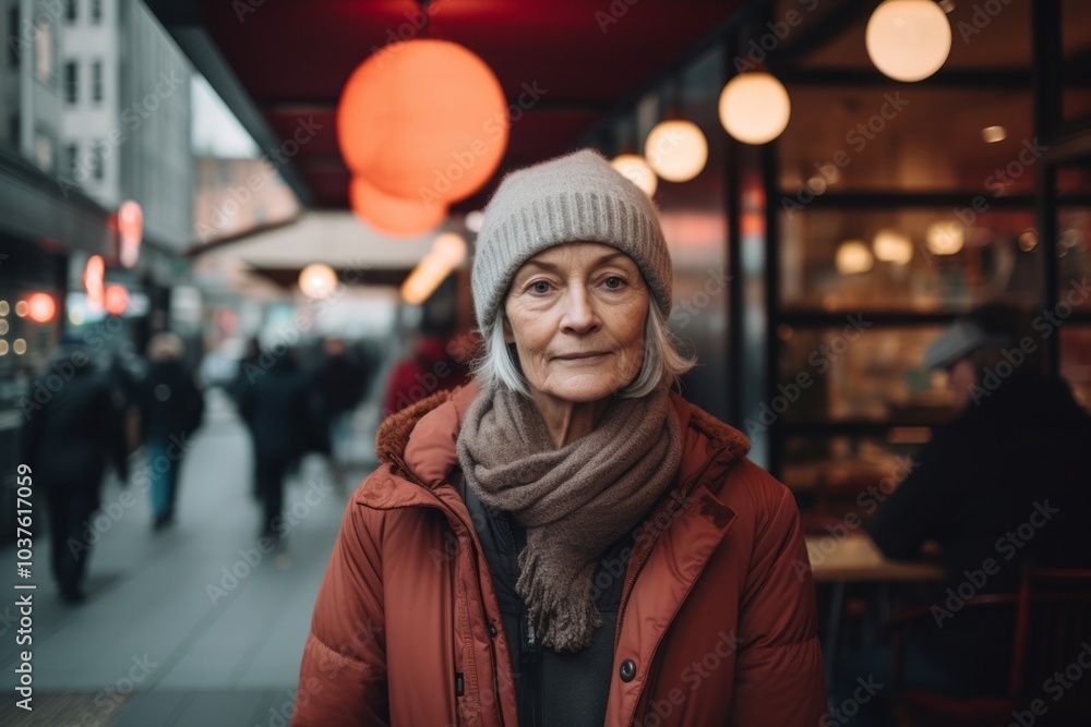 Portrait of an elderly woman in a red jacket on a city street. Portrait of an elderly woman in a red jacket on a city street.