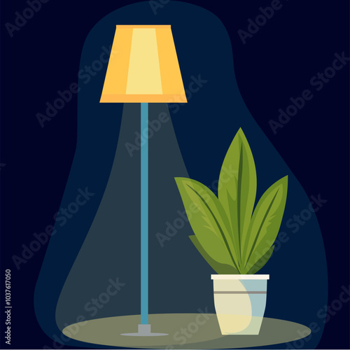 Floor lamp with yellow colored beams. There is a potted flower on the floor. Night illustration with interior objects