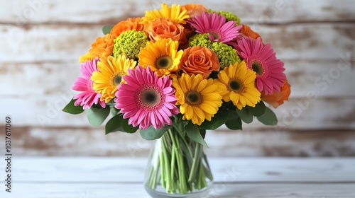Wallpaper Mural A stunning bouquet of hot pink gerbera daisies and cheerful sunflowers in a clear vase on a rustic white wooden table Torontodigital.ca