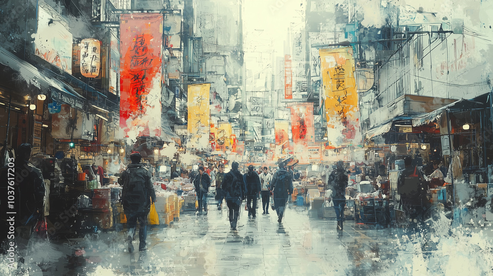 Obraz premium Vibrant Street Market in a Bustling Asian City