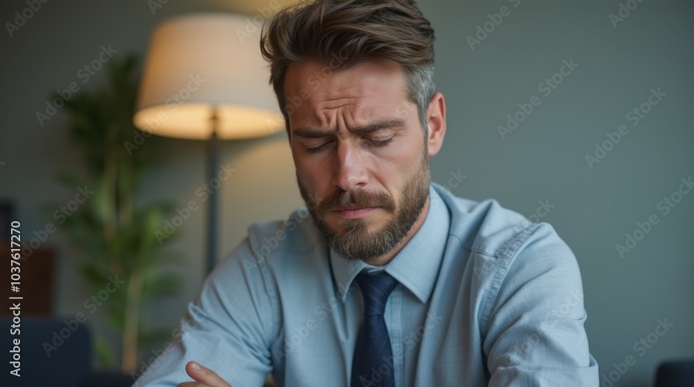 Fototapeta premium Sad businessman frowning and looking down in office