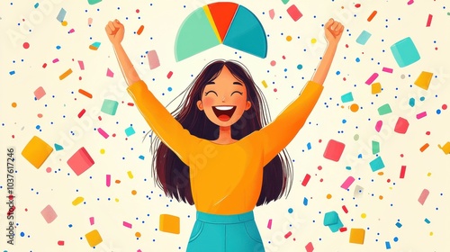 Joyful Celebration with Cheerful Woman and Colorful Confetti in Festive Illustration