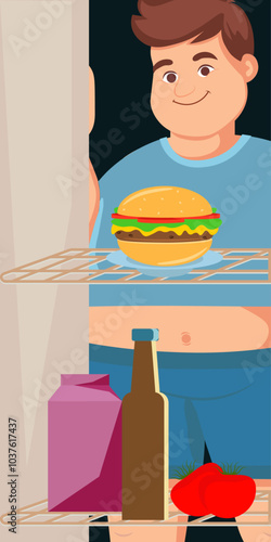 The fat man in front of the refrigerator is looking at a hamburger. Bottle, milk and tomatoes inside the refrigerator.