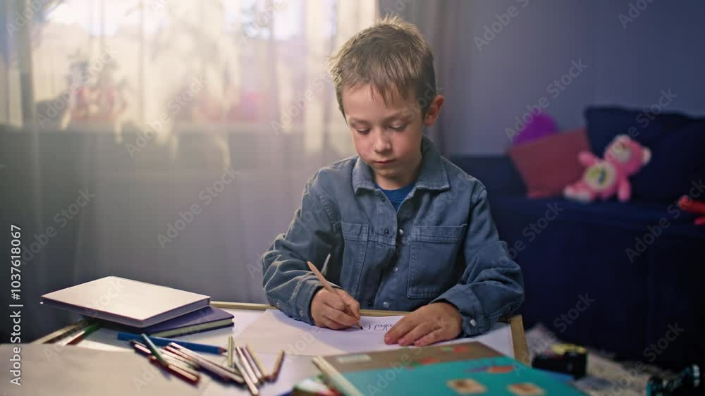Child's Creativity Unleashed - Boy Sketching with Pencils in a Playful Home Child's Creativity Unleashed - Boy Sketching with Pencils in a Playful Home