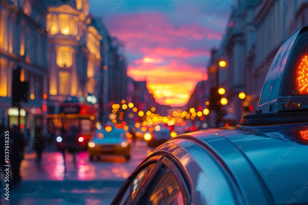 Obraz premium A vibrant city street at dusk with colorful skies. Taxis and cars fill the busy road under city lights. Perfect for urban and travel themes. Generative AI