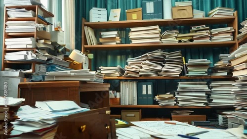 Cluttered Workspace Stacks of Books and Papers Create Chaotic Yet Intellectually Stimulating Environment photo