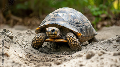 A gopher tortoise digging in the sandy soil