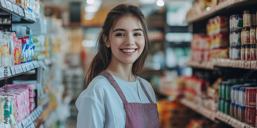 Portrait of a smiling friendly young girl cashier employee worker in a grocery store aisle filled with various food and drink items. Portrait of a smiling friendly young girl cashier employee worker in a grocery store aisle filled with various food and drink items.