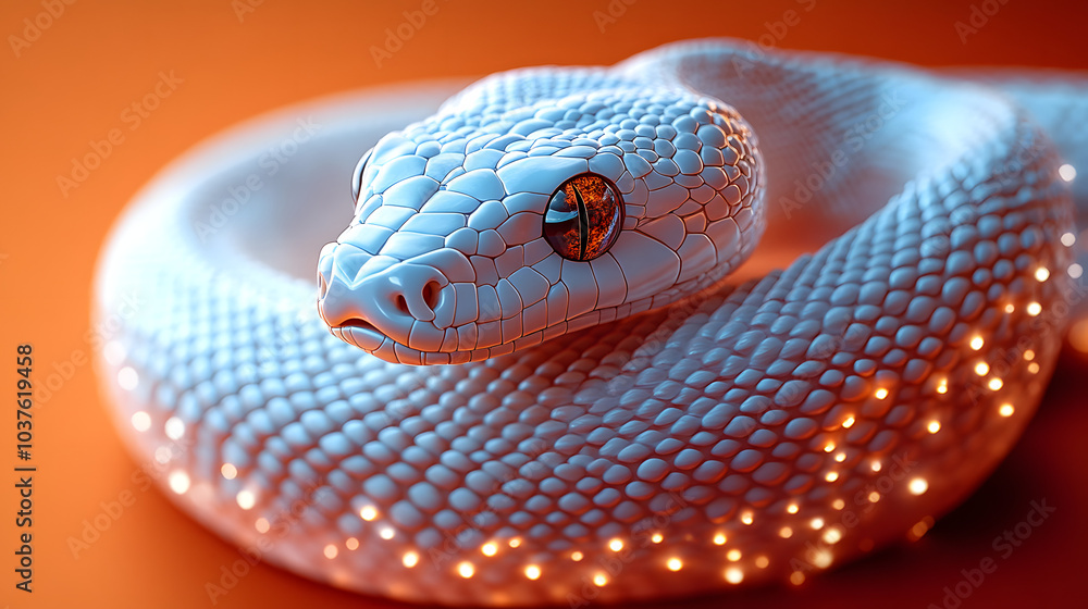 Fototapeta premium Close-Up of a Stunning Albino Snake with Intricate Scales and Mesmerizing Eyes in a Soft Orange and White Pattern